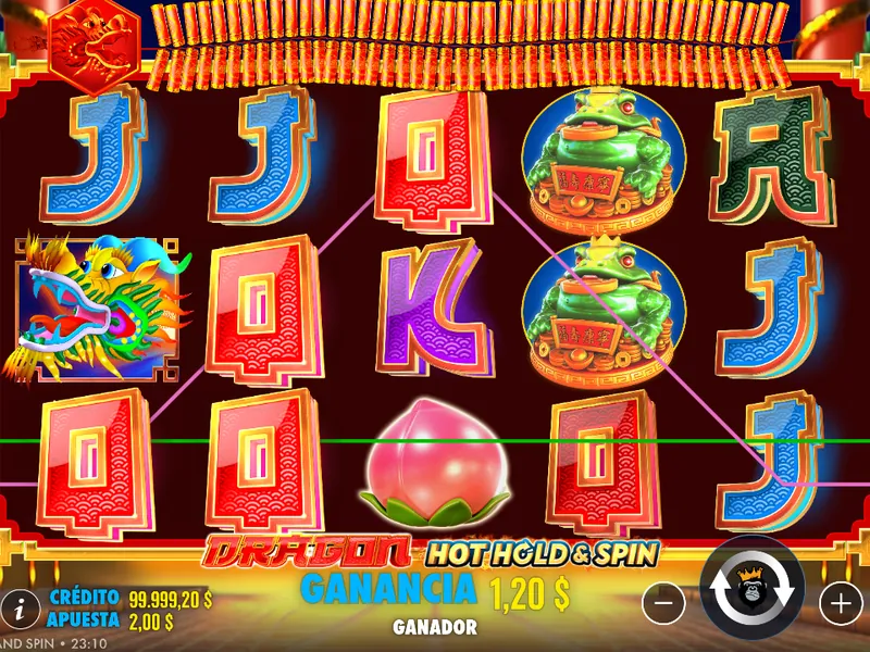Dragon Hot Hold & Spin en juego: rodillos con la línea 3 ganadora y el contador de ganancia