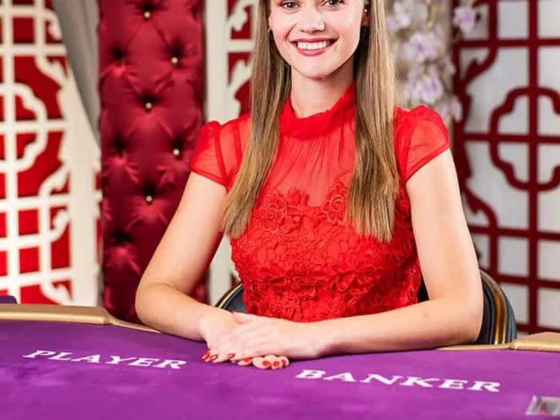 Crupier ante el paño de baccarat con las casillas PLAYER y BANKER