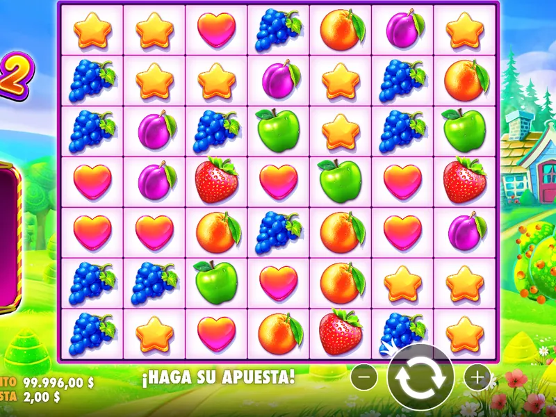 Fruit Party 2 tras dos giros: cuadrícula 7×7 de frutas